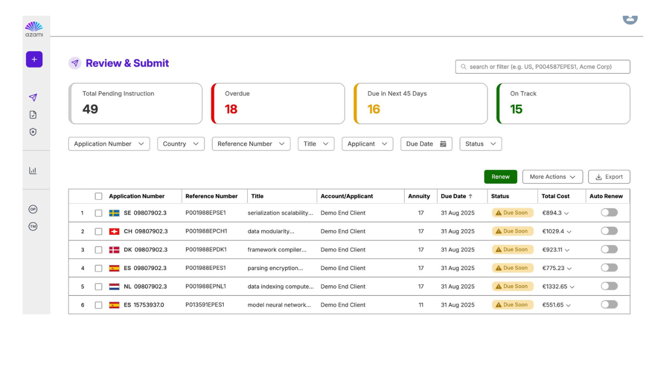 screenshot of Azami Renewals System
